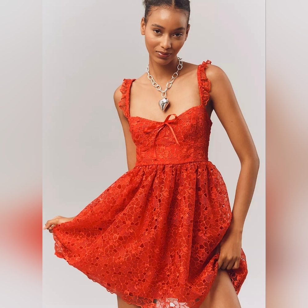 Anthropologie Ruffle Strap Corset Red Lace Mini Dress